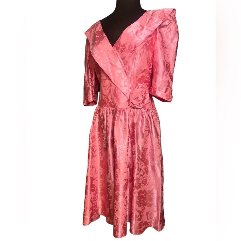 Vtg Pink Tonal Floral Romantic Feminine 3D Rosette Fairy Coquette Satin Dress M